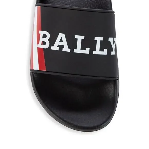 NIB BALLY SIMON BLACK RUBBER RED WHITE WEB LOGO SANDALS POOL SLIDES 9 D ITALY
